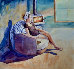 actress, purple, watercolour, peaceful, reflecting, contemplation, fire, stripes, cat, painting, single, woman