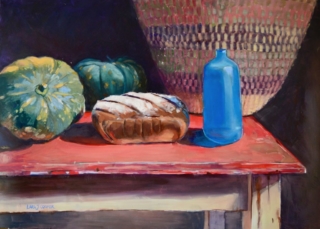 bread, loaf, sourdough, blue bottle, basket, pumpkin, table, rustic, home cooking, slow food