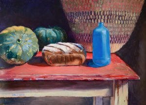 loaf, bread, sourdough, perfect, blue bottle, pumpkin, basket, rustic, table, red